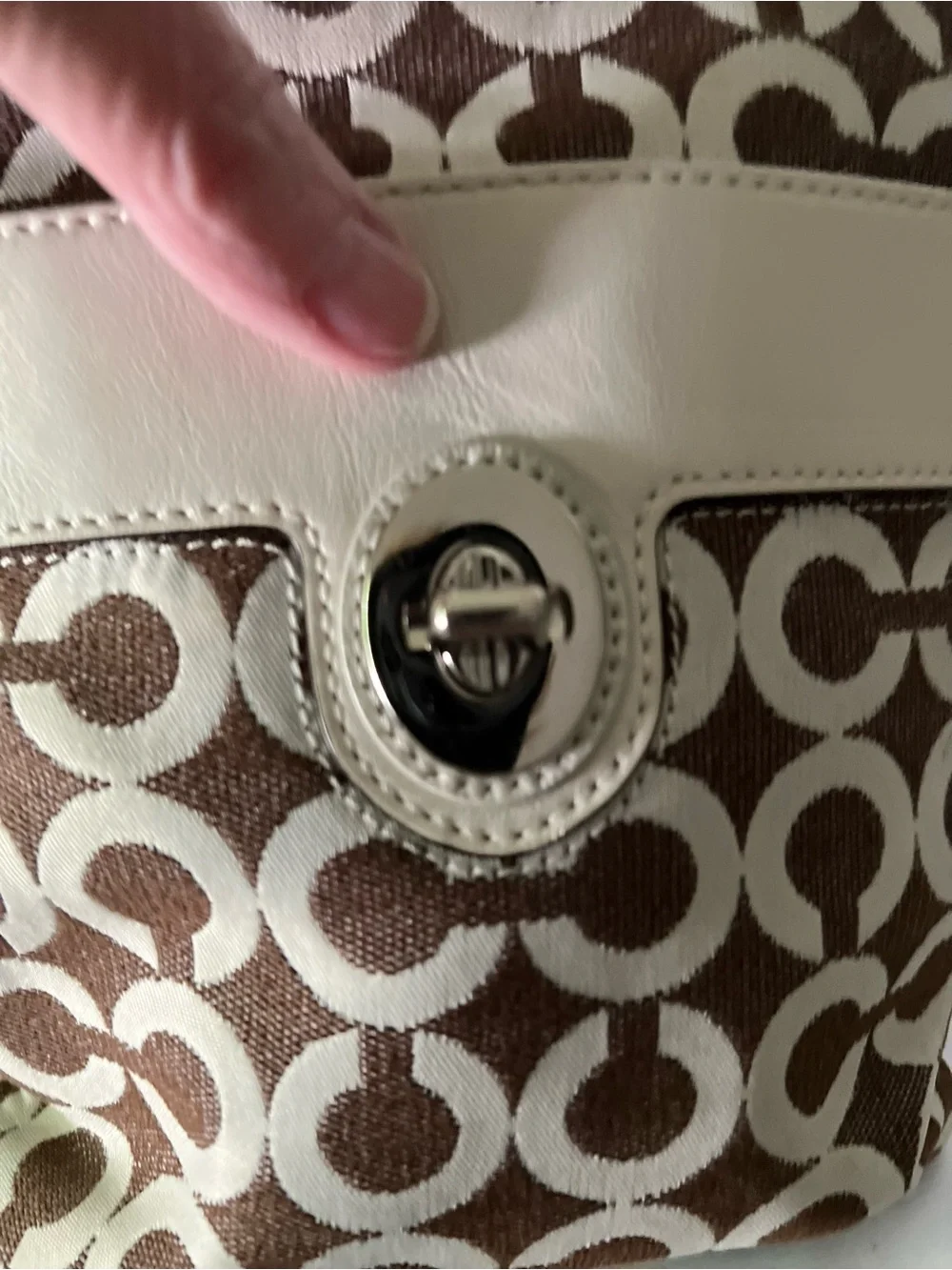 Coach Cream and Brown Signature Turn-Lock Crossbody